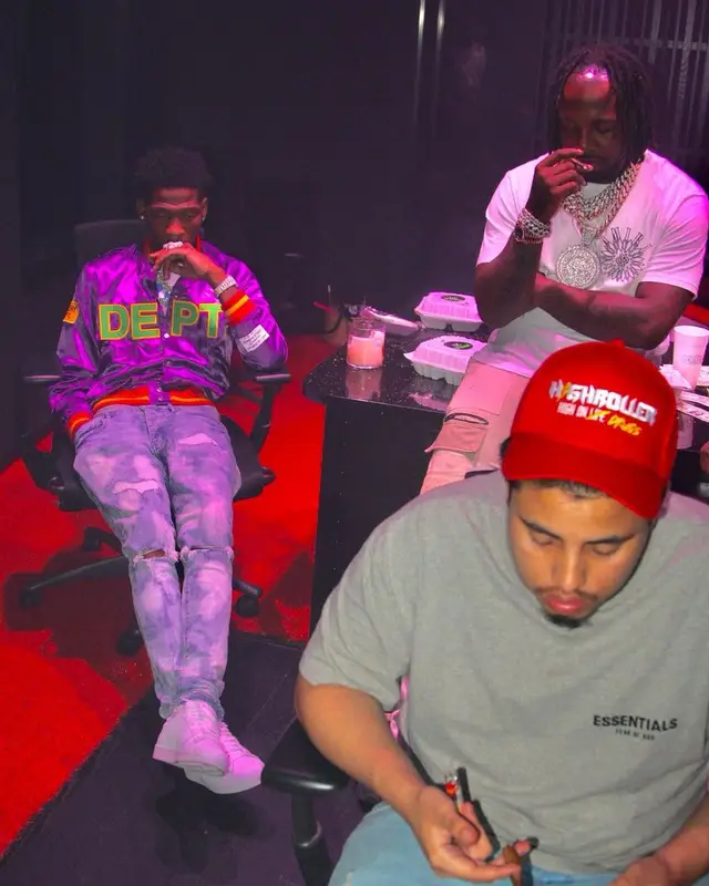 BlocBoy JB outfit in Gallery Dept., Purple Brand, and Adidas, 2022