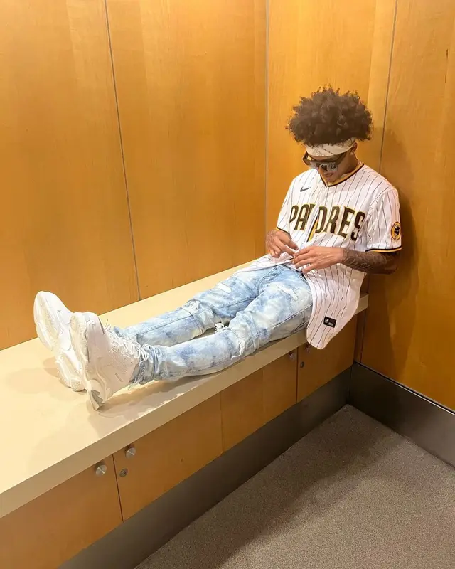 Mikey outfit in Nike, Purple Brand, and Louis Vuitton, 2022