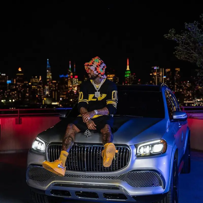 Dave East outfit in Louis Vuitton, Nike, and Gallery Dept., 2022