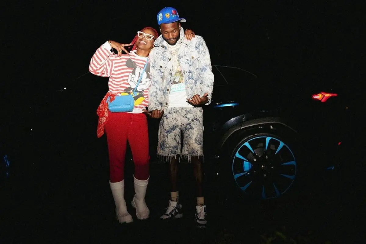 Meek Mill outfit in Louis Vuitton and Nike, 2022