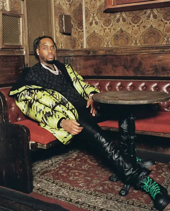Fivio Foreign outfit in Louis Vuitton, Vale Forever, and Bottega Veneta, 2022