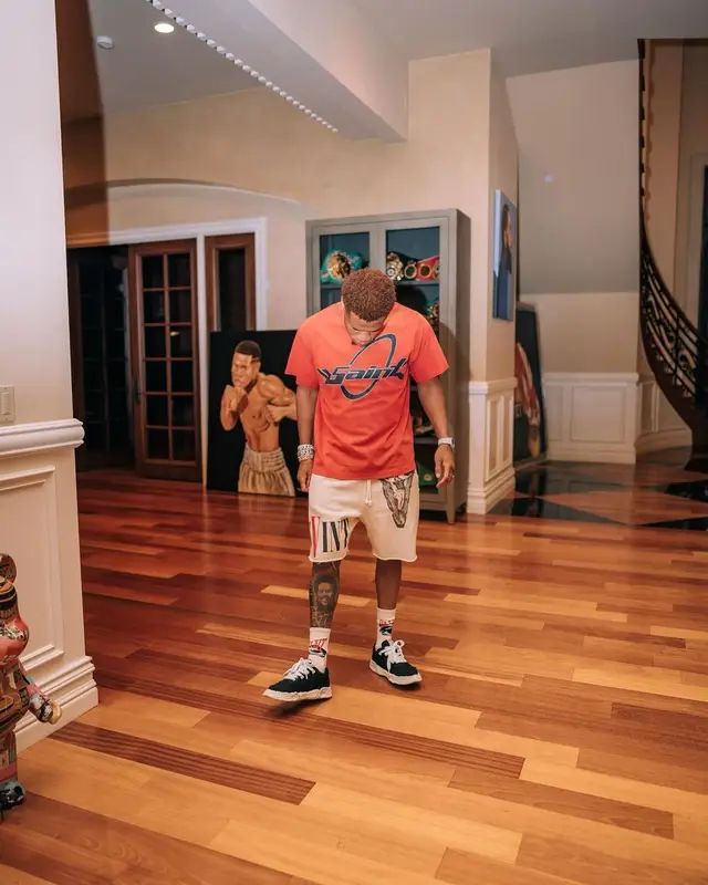 Devin Haney outfit in Saint Michael and Maison Mihara Yasuhiro, 2022