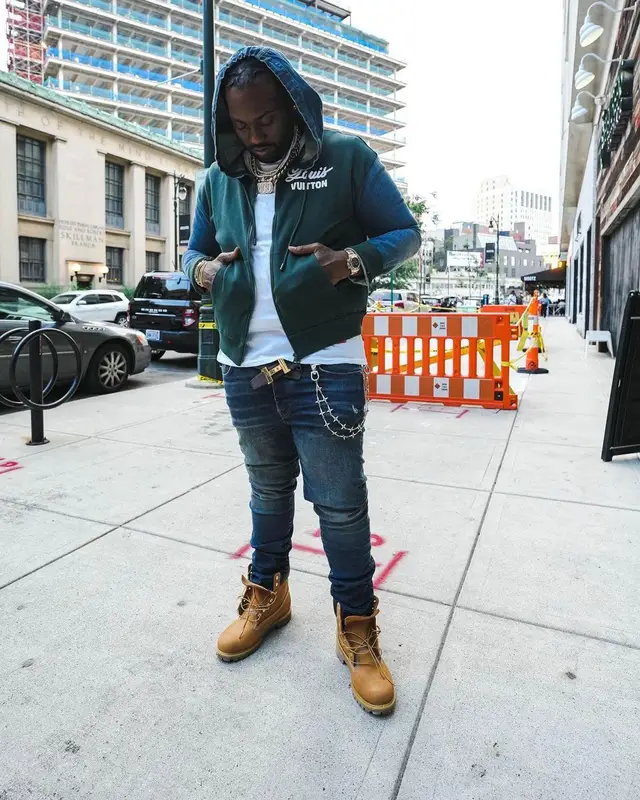 Peezy outfit in Louis Vuitton, Amiri, and Hermes, 2022