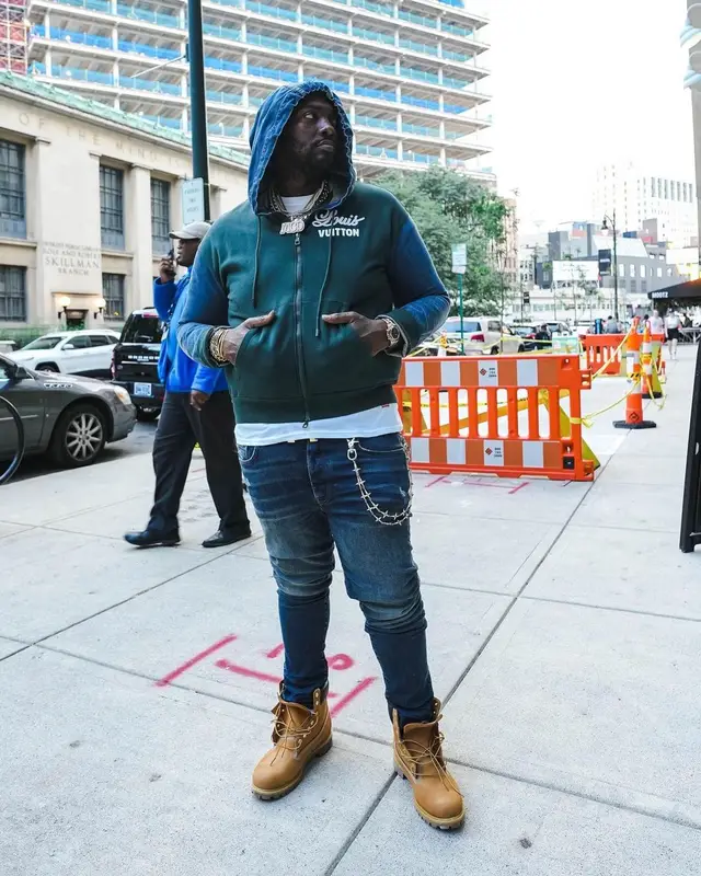 Peezy outfit in Louis Vuitton, Amiri, and Hermes, 2022