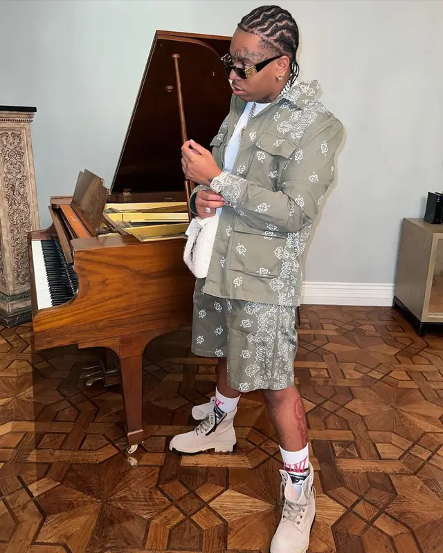 Lil Gotit outfit in Amiri, Balenciaga, and Saint Michael, 2022