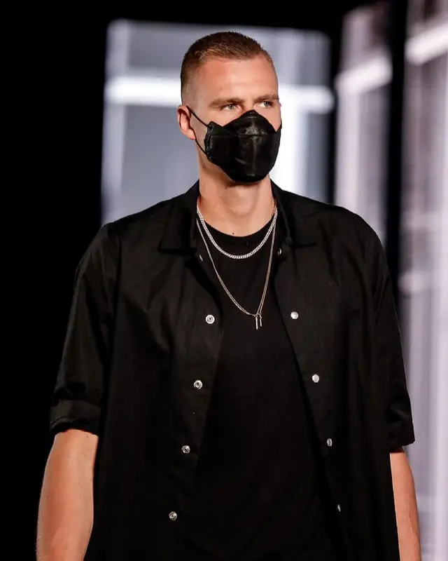 Kristaps Porzingis outfit in Rick Owens, Amiri, and Dior, 2021