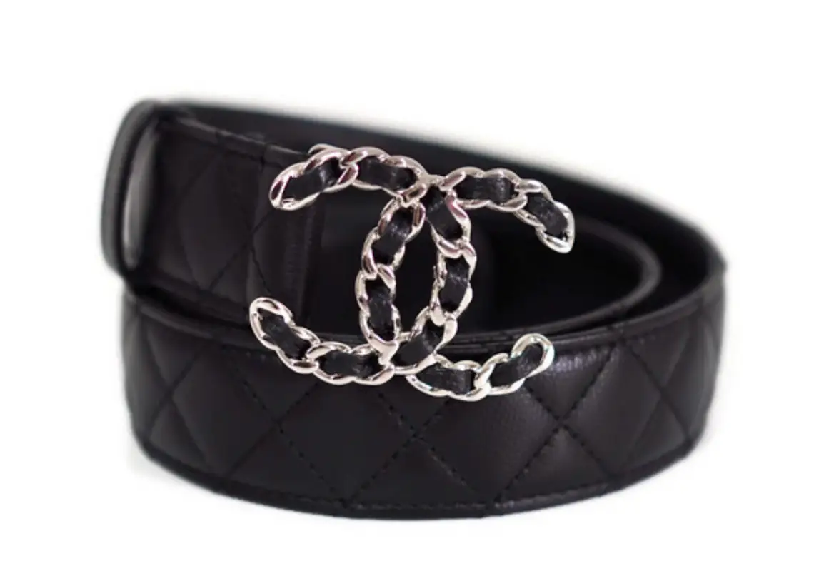 Chanel Black Leather Silver Logo Buckle Belt $750