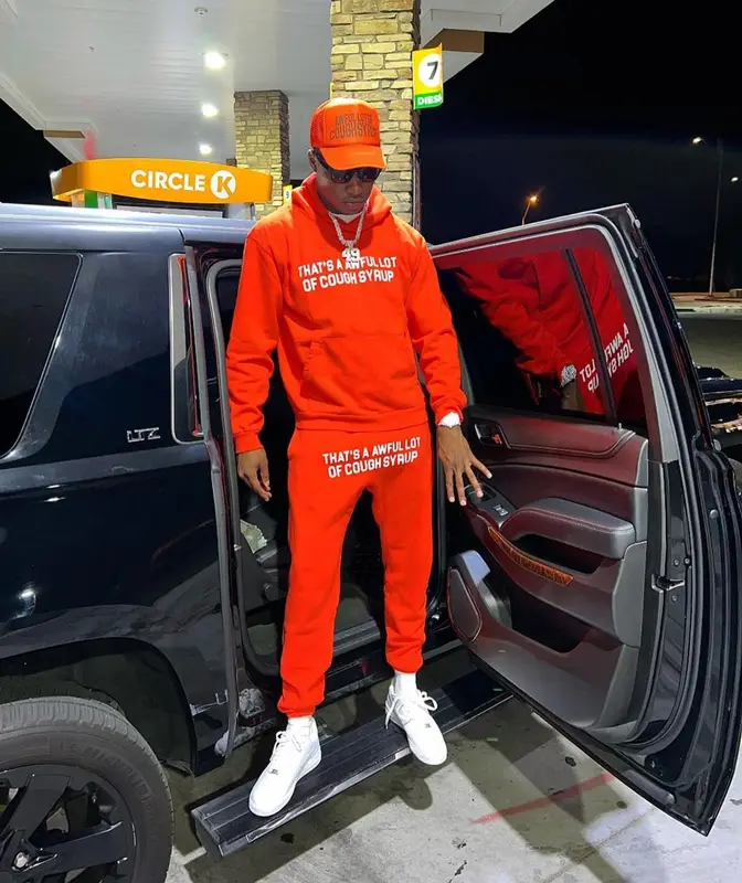 Rob49 outfit in Nike, Cough Syrup, and The Webster, 2022