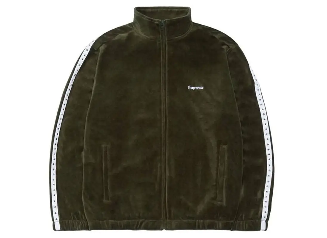 Supreme Studded Velour Track Jacket Olive | WHAT'S ON THE STAR?