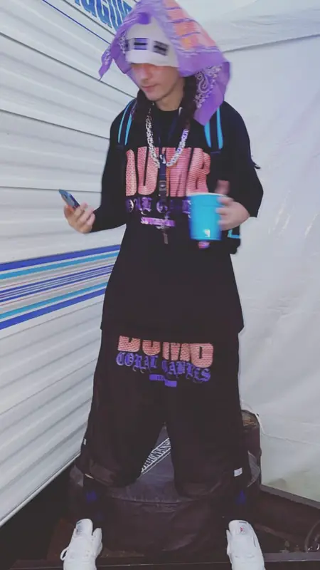 Bladee outfit in Drain Gang, Reebok, and Huf, 2022