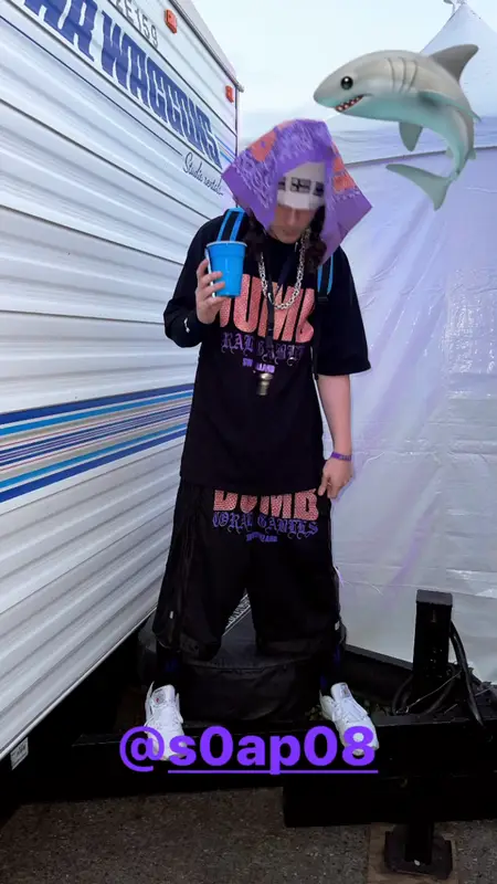 Bladee outfit in Drain Gang, Reebok, and Huf, 2022
