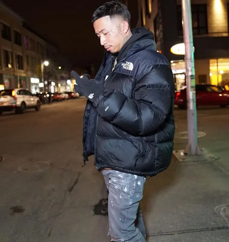 MBNel outfit in The North Face, Purple Brand, and Balenciaga, 2022