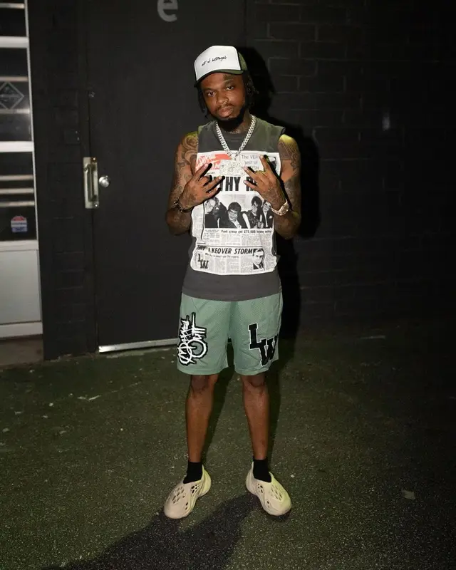 DJ Bandz outfit in Le Wuz Studios, Yeezy, and Act of Betrayal, 2022