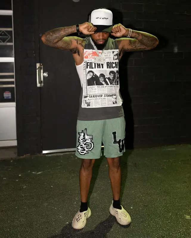 DJ Bandz outfit in Le Wuz Studios, Yeezy, and Act of Betrayal, 2022