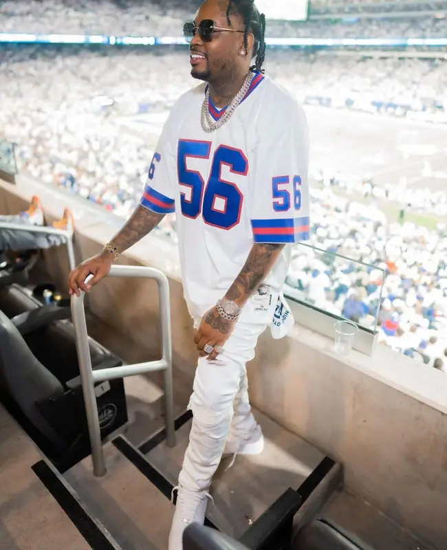 Fivio Foreign outfit in Nike, Amiri, and New York Giants, 2022