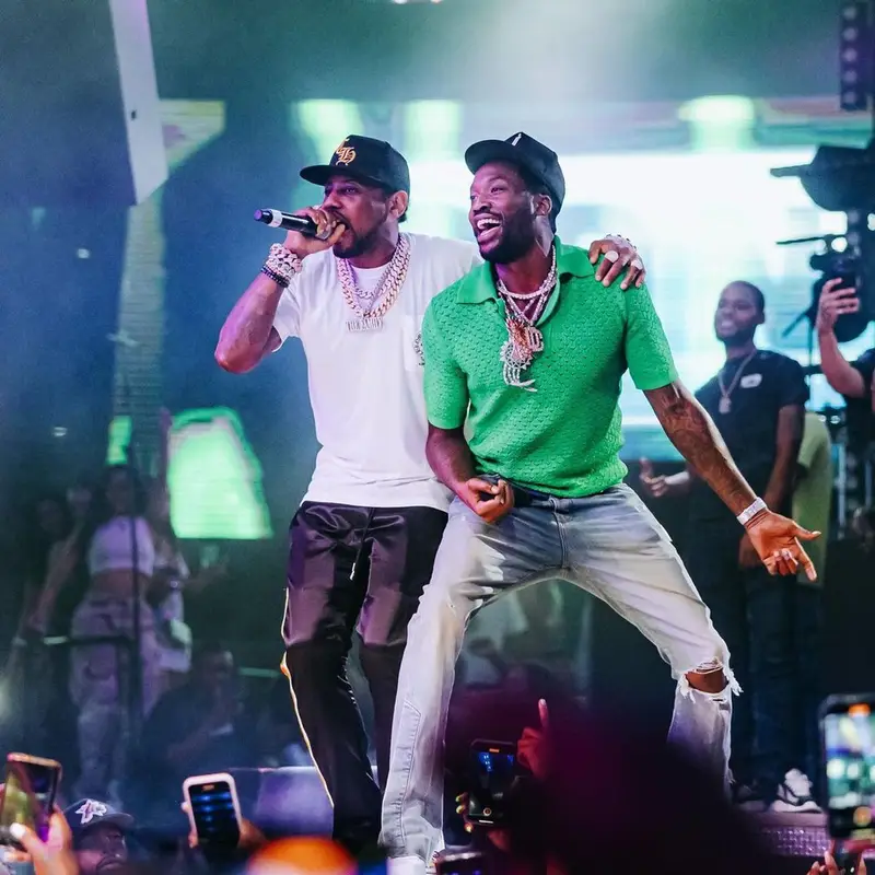 Meek Mill outfit in Bottega Veneta, Amiri, and Chrome Hearts, 2022