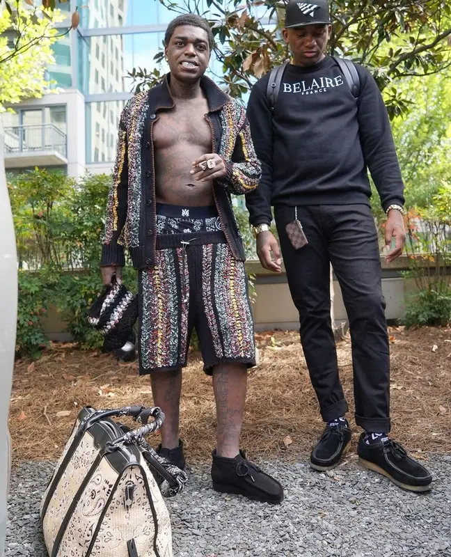 Kodak Black outfit in Clarks and Amiri, 2022