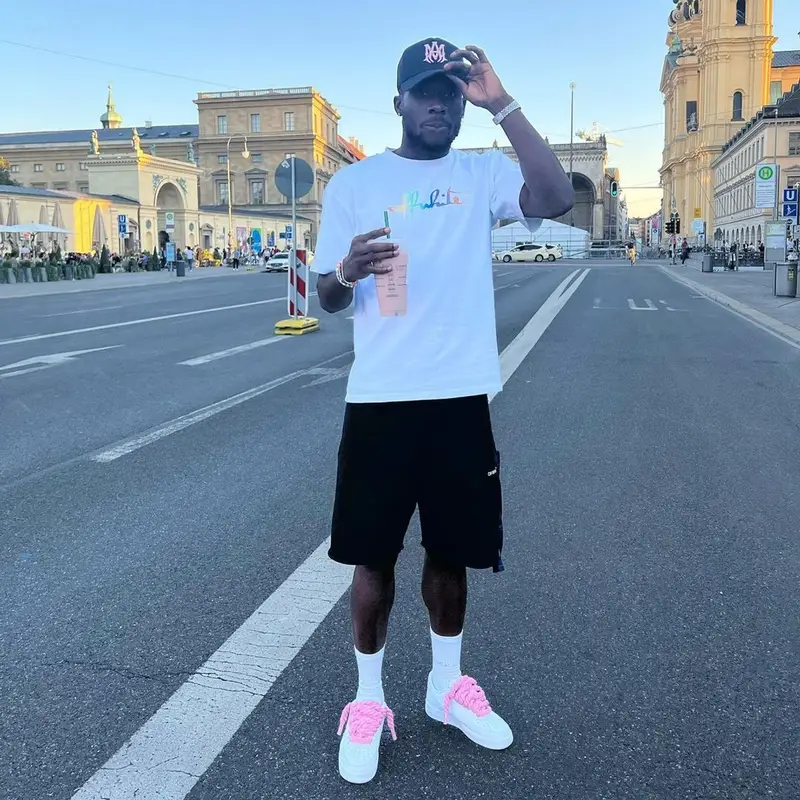 Alphonso Davies outfit in Off-White, Custom, and Amiri, 2022