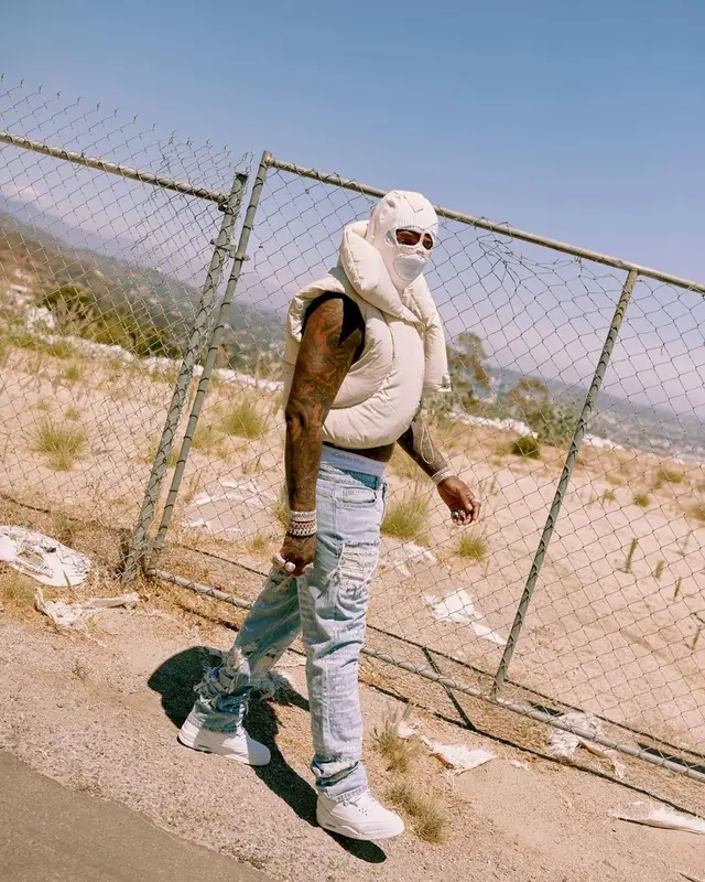 Moneybagg Yo outfit in Heliot Emil, Who Decides War, and Jordan, 2022
