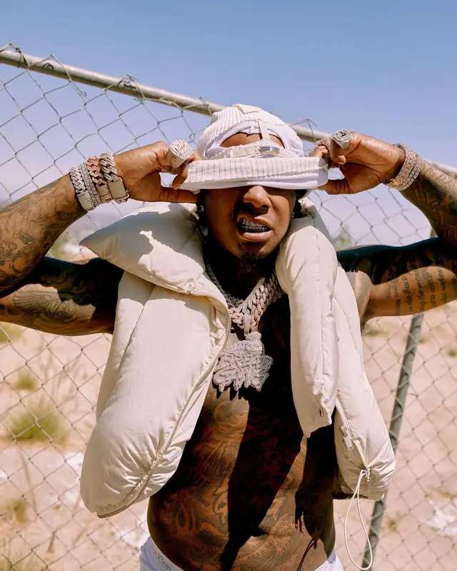 Moneybagg Yo outfit in Heliot Emil, Who Decides War, and Jordan, 2022