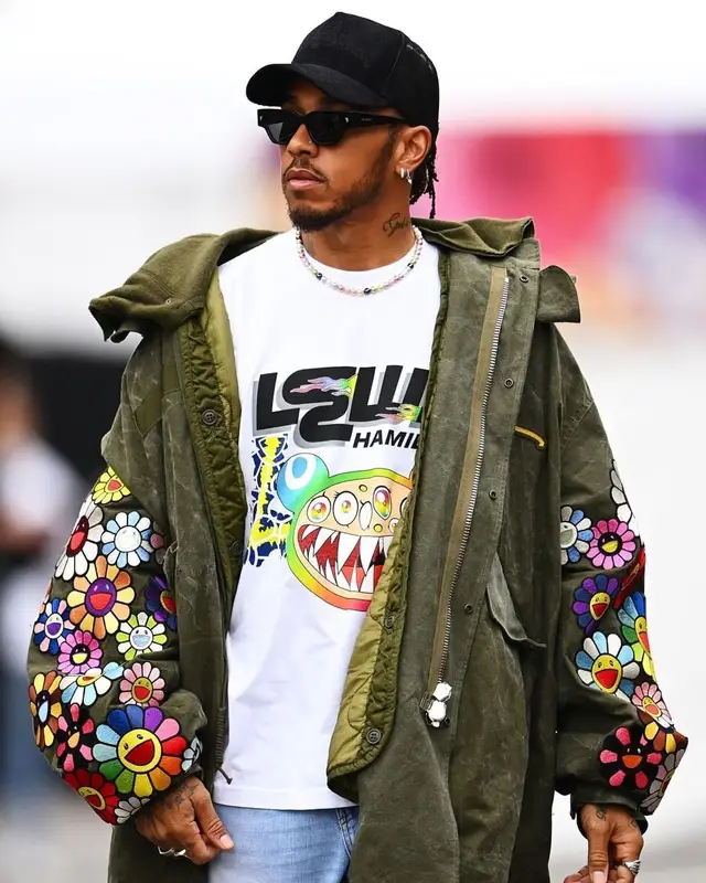 Lewis Hamilton outfit in Takashi Murakami, Nanushka, and Readymade, 2022