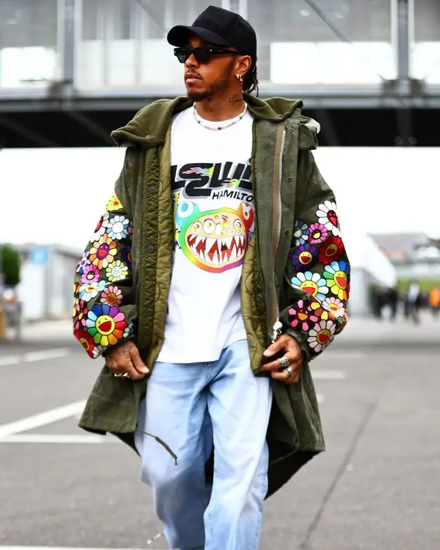Lewis Hamilton outfit in Takashi Murakami, Nanushka, and Readymade, 2022