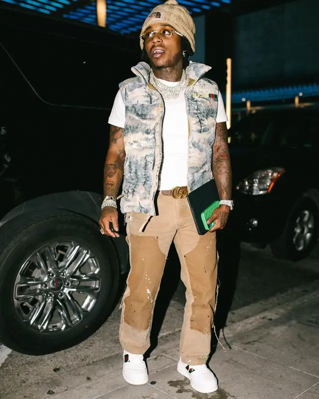 Jacquees outfit in Gallery Dept., Gucci, and The North Face, 2022