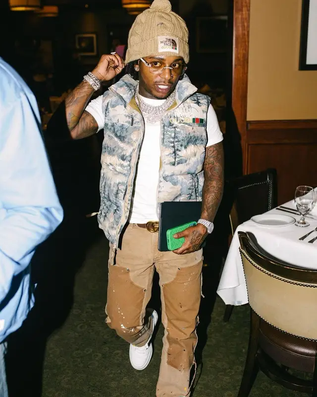 Jacquees outfit in Gallery Dept., Gucci, and The North Face, 2022