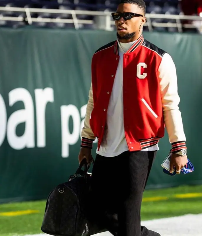 Saquon Barkley outfit in Celine, Louis Vuitton, and Off-White, 2022