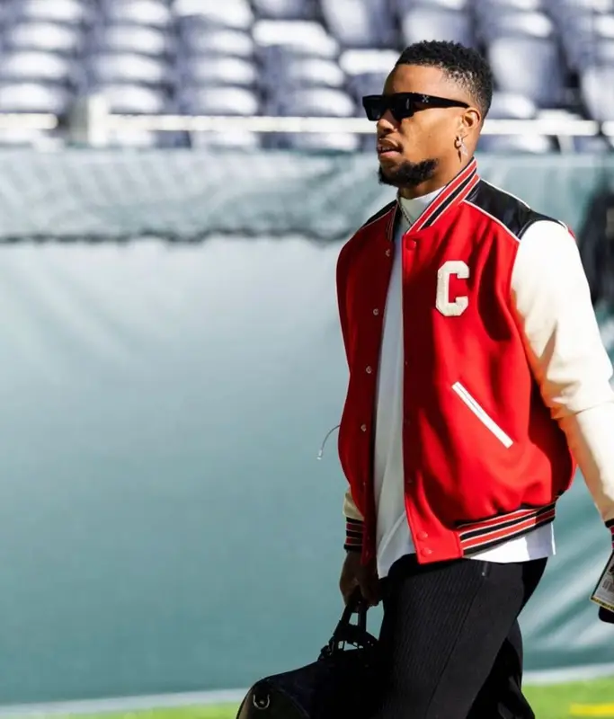 Saquon Barkley outfit in Celine, Louis Vuitton, and Off-White, 2022