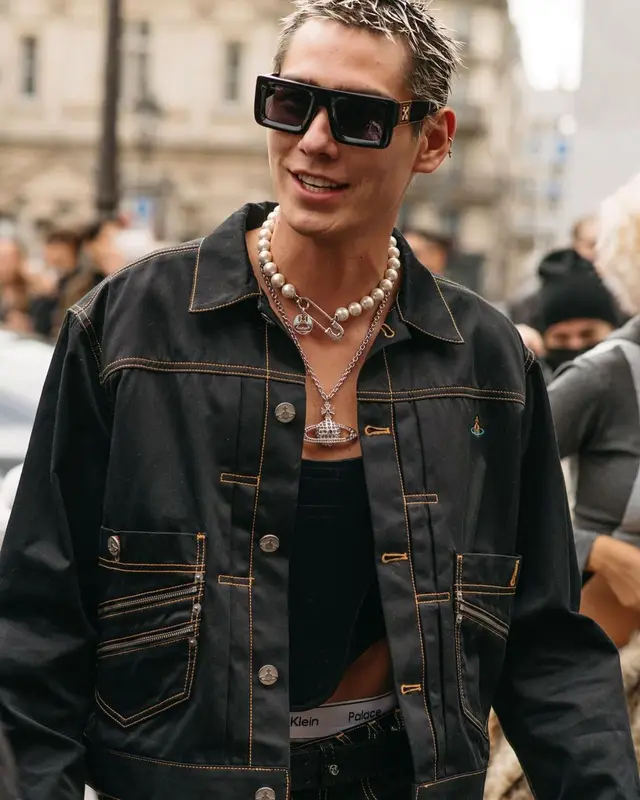 Evan Mock outfit in Vivienne Westwood, Off-White, and Palace, 2022