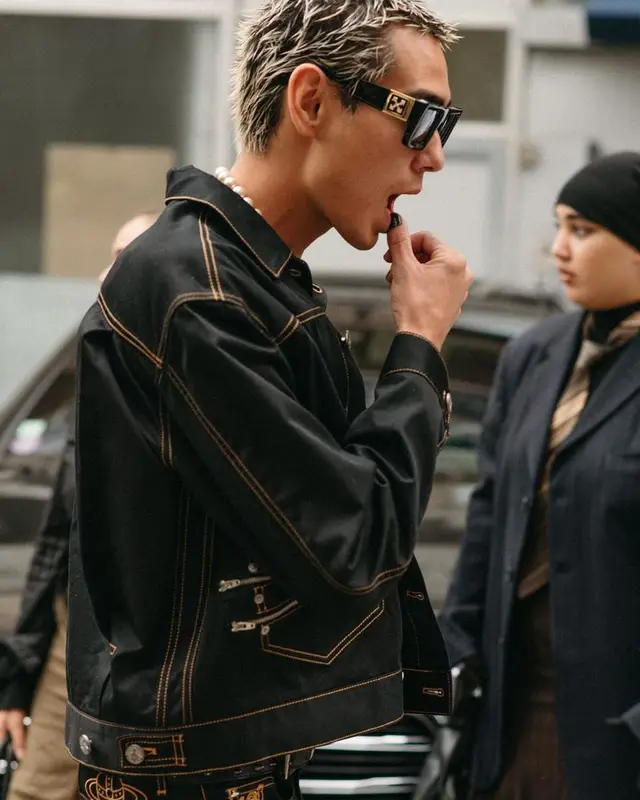 Evan Mock outfit in Vivienne Westwood, Off-White, and Palace, 2022
