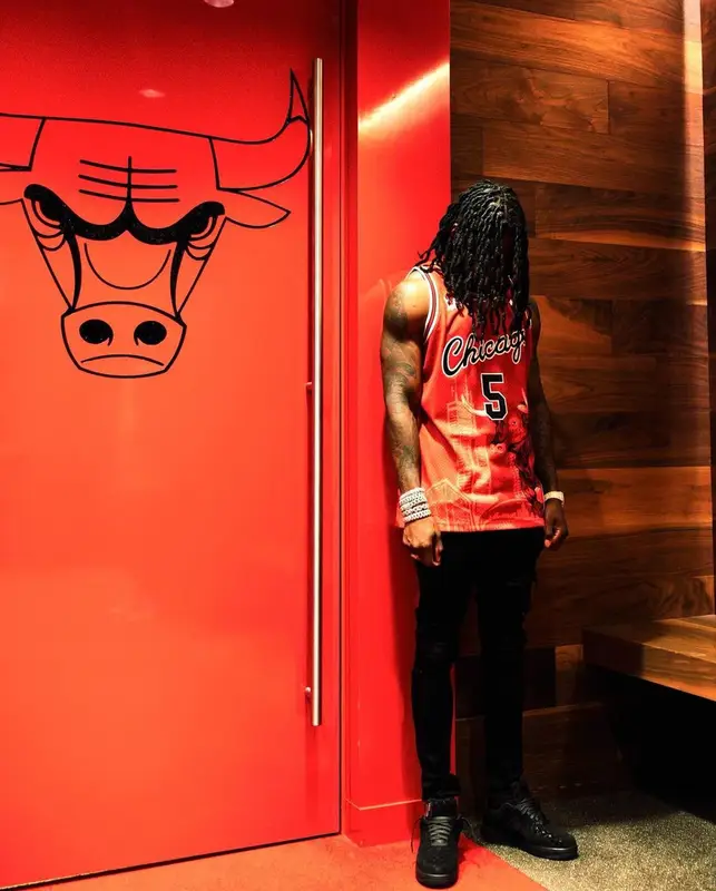 Polo G outfit in Polo G Merch, Amiri, and Chicago Bulls, 2022