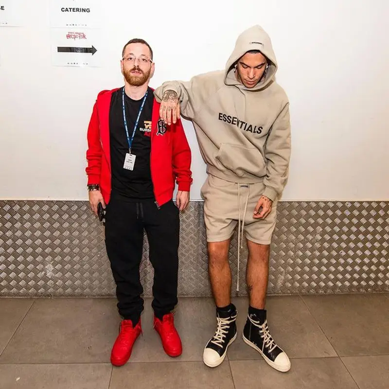 Sfera Ebbasta outfit in Fear of God and Rick Owens, 2022