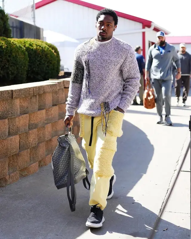 Stefon Diggs outfit in OAMC, Bonsai, and Maison Mihara Yasuhiro, 2022