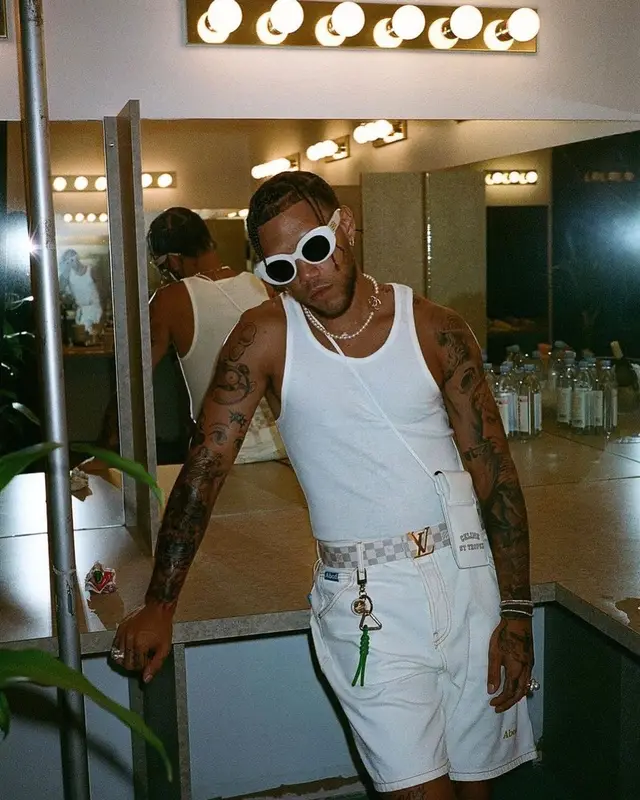 Jhay Cortez outfit in Louis Vuitton, Balenciaga, and Celine, 2022