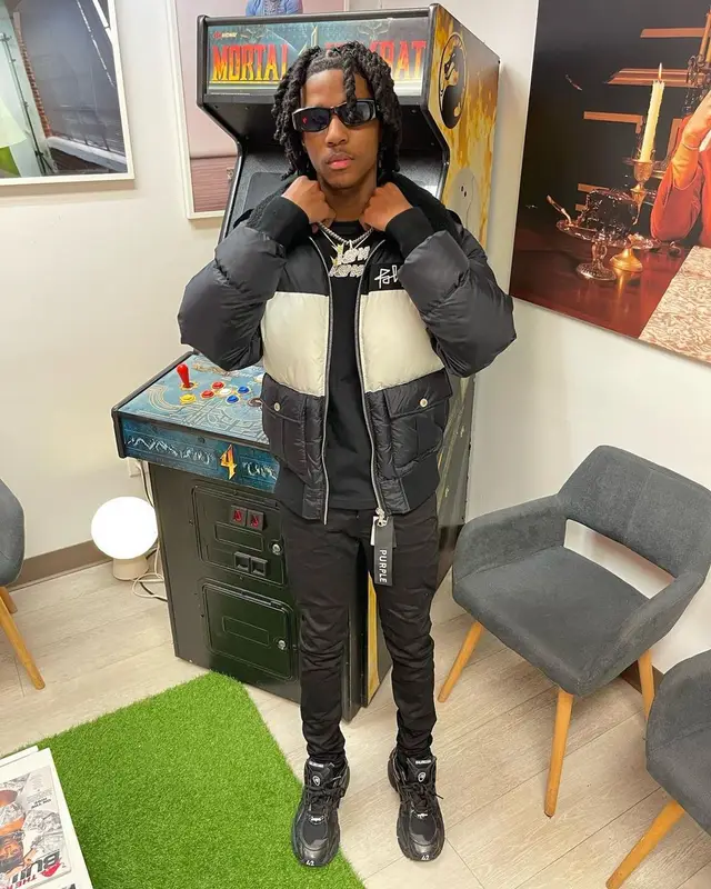 Lil Darius outfit in Palm Angels, Purple Brand, and Balenciaga, 2022