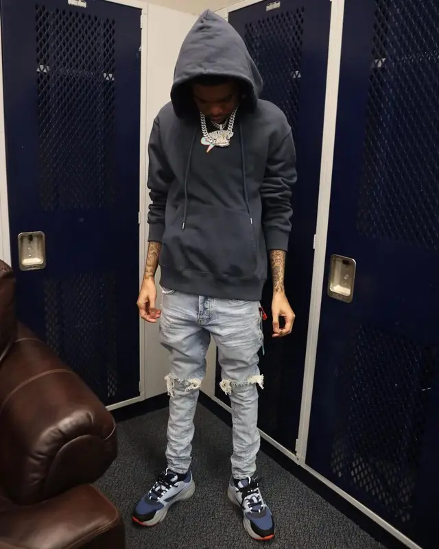 Lil Poppa outfit in Off-White, Purple Brand, and Dior, 2022