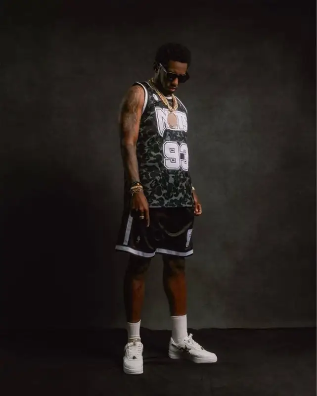 Fabolous outfit in Bape and Mitchell & Ness, 2022