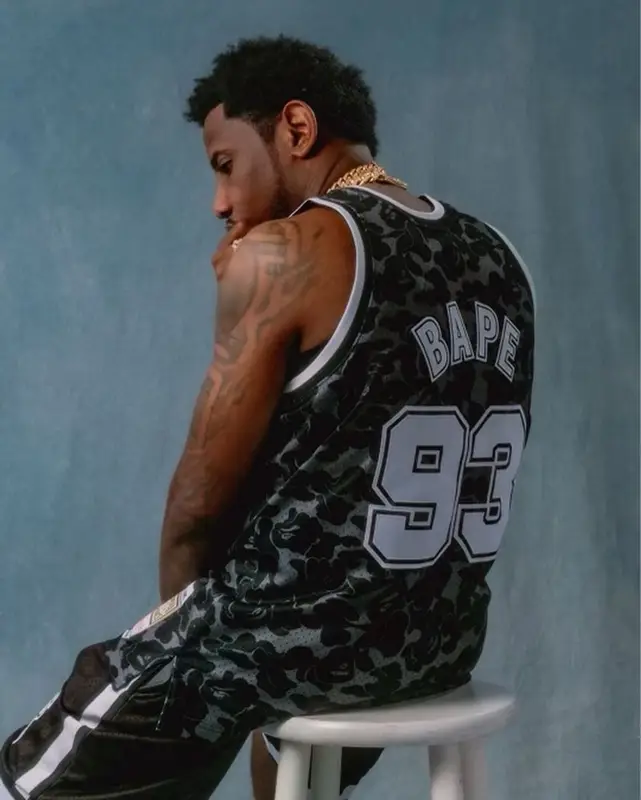 Fabolous outfit in Bape and Mitchell & Ness, 2022