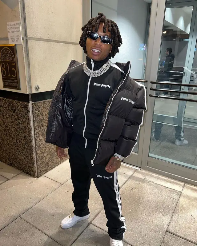 Jacquees outfit in Moncler, Nike, and Palm Angels, 2022