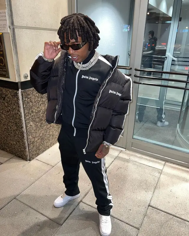 Jacquees outfit in Moncler, Nike, and Palm Angels, 2022