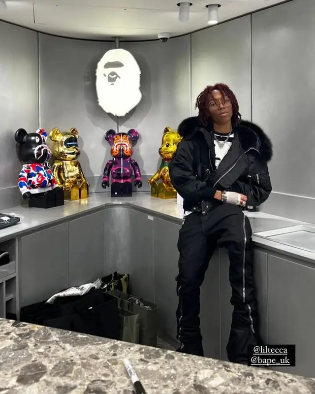 Lil Tecca outfit in Mastermind, Bape, and Ray-Ban, 2022
