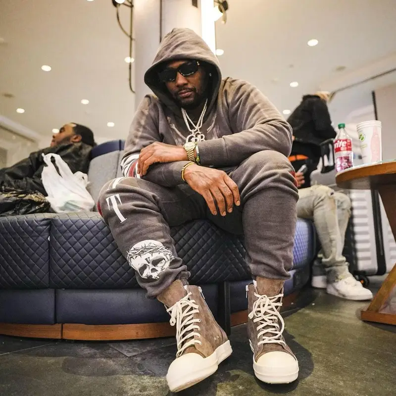 Peezy outfit in Vlone, Rick Owens, and Off-White, 2022