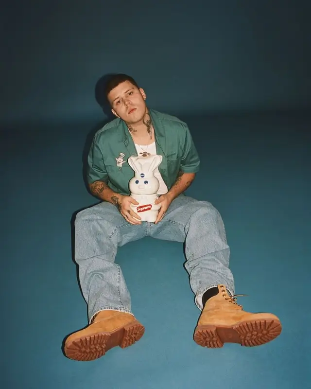 Yung Lean outfit in Supreme, Timberland, and Pillsbury, 2022