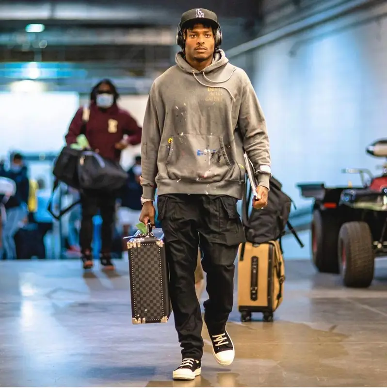 Jalen Ramsey outfit in Gallery Dept., Rick Owens, and New Era, 2022