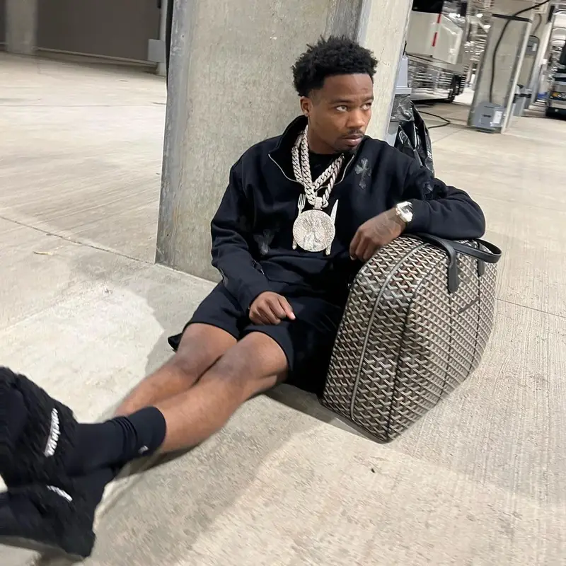 Roddy Ricch outfit in Chrome Hearts, Goyard, and Balenciaga, 2022