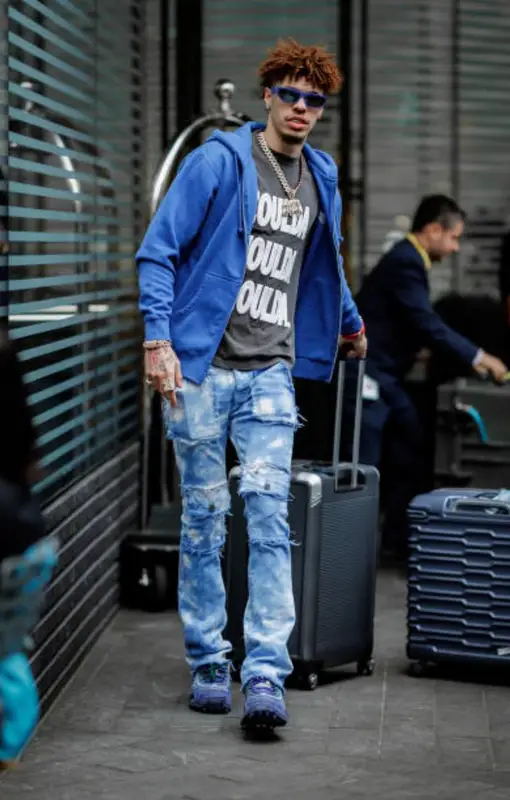 LaMelo Ball outfit in 4Lifers, Valabasas, and Off-White, 2022