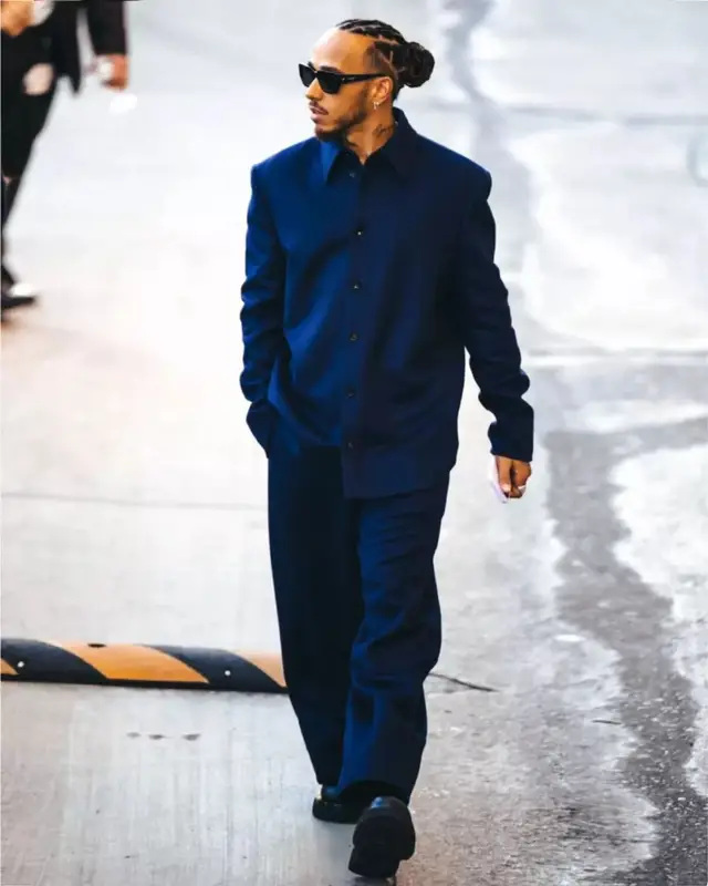 Lewis Hamilton outfit in Bottega Veneta and Nanushka, 2022