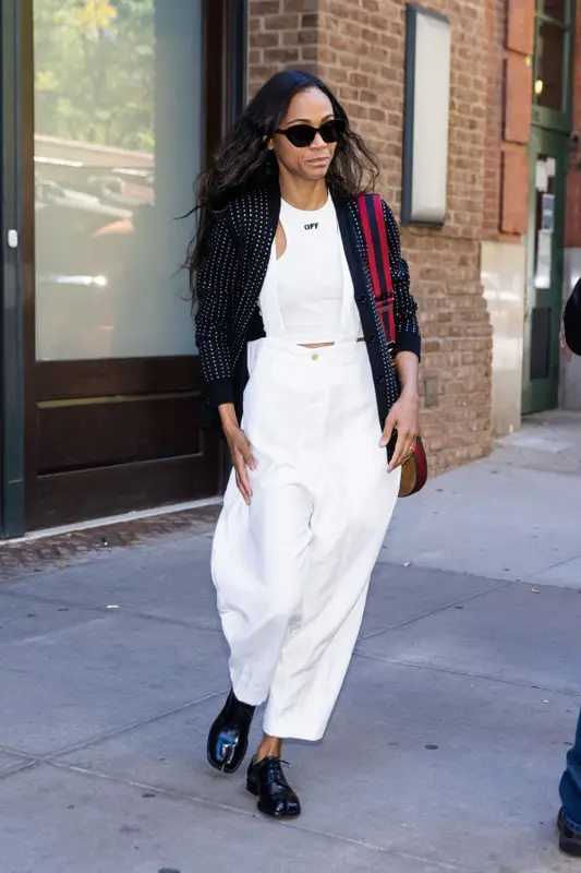 Zoe Saldana outfit in Off-White, Maison Margiela, and Gucci, 2022
